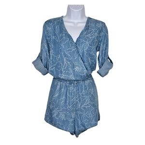 Anthropologie Cloth and Stone Floral Chambray Romper Blue Size XS